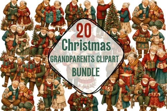 Christmas clipart featuring whimsical grandparents in festive clothing with gifts and Christmas trees