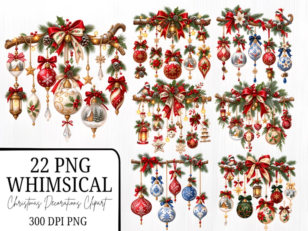 Christmas decorations PNG with whimsical ornaments featuring red bows, lanterns, stars, and festive greenery