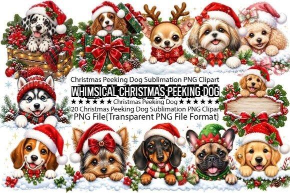 Christmas clipart featuring whimsical peeking dogs wearing Santa hats and holiday accessories in PNG format