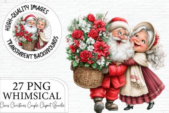 Whimsical Christmas clip art of Santa and Mrs. Claus couple with basket of red and white flowers