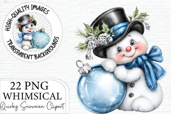 Whimsical Christmas clip art snowman with blue scarf, top hat, and holding a blue ornament