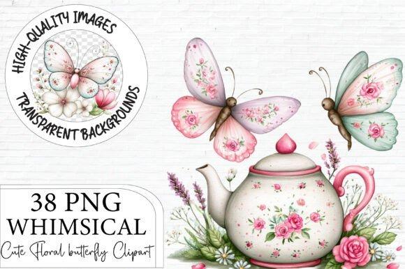 Whimsical floral butterfly clipart with pink and green butterflies and a floral teapot, transparent backgrounds