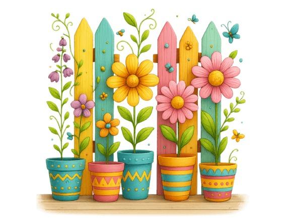 Whimsical flower clipart with colorful potted flowers and butterflies for card making