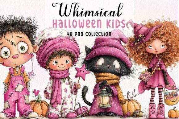 Creative kids clipart bundles featuring whimsical Halloween children and a black cat in purple costumes with pumpkins