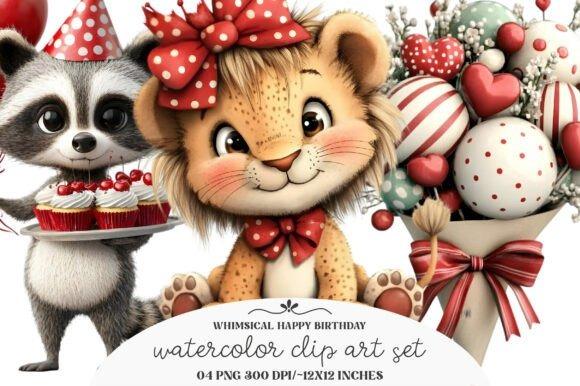 Whimsical happy birthday clipart featuring a cute lion cub with a red bow and a raccoon — best happy birthday clipart