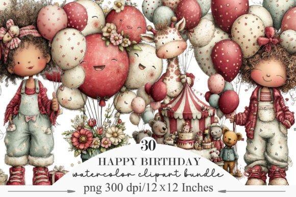 best happy birthday clipart whimsical watercolor characters with balloons and animals for invitations and party printables