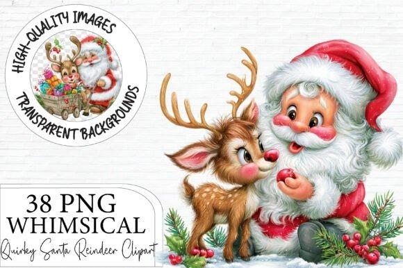 Whimsical Santa and reindeer Christmas clipart with gifts, candy canes, and holiday elements in watercolor style