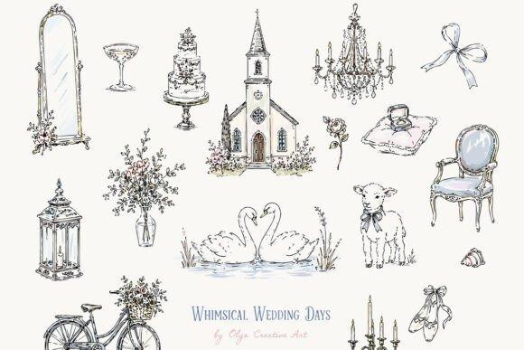 Whimsical vintage wedding clipart featuring a church, swans, lamb, chandelier, flowers, and antique objects for wedding
