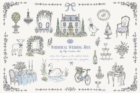 Whimsical vintage wedding clipart collection with antique-inspired décor elements like chairs, chandeliers, swan, cake, and