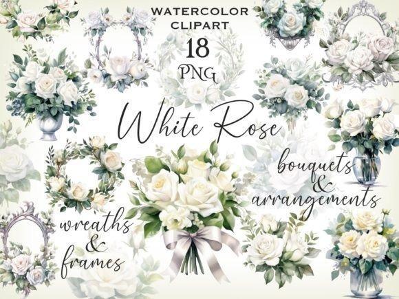 Cute flower clipart featuring white rose bouquets, wreaths, frames, and arrangements in watercolor style