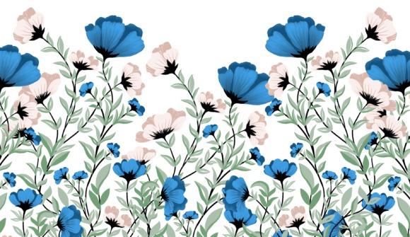 flower clipart featuring blue and pale pink wild flowers with green stems and leaves in a natural, informal arrangement