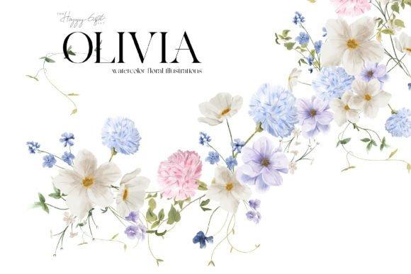 Watercolor flower clipart with white, blue, and pink blossoms in a wild floral arrangement