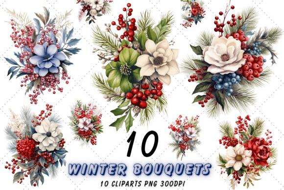 Cute flower clipart featuring 10 winter berry bouquets in watercolor style with red berries and green pine leaves