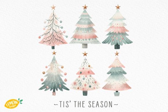 Christmas Tree PNG Designs for Sublimation featuring six pastel-colored stylized trees with stars on top and ornaments