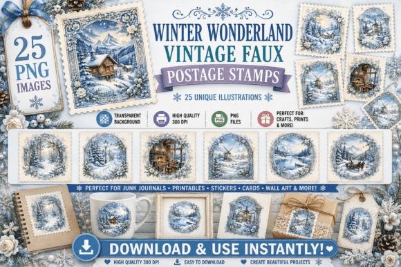 Winter Wonderland vintage postage stamps with snowy cabins, forests, frozen lakes, and — cute Christmas clipart
