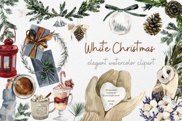 Christmas clipart featuring watercolor illustrations of pine branches, gifts, pinecones, winter drinks, and an owl