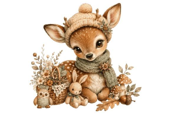 Woodland baby deer kids clipart with a knitted hat and scarf surrounded by flowers, basket, owl, bunny, mushrooms, and