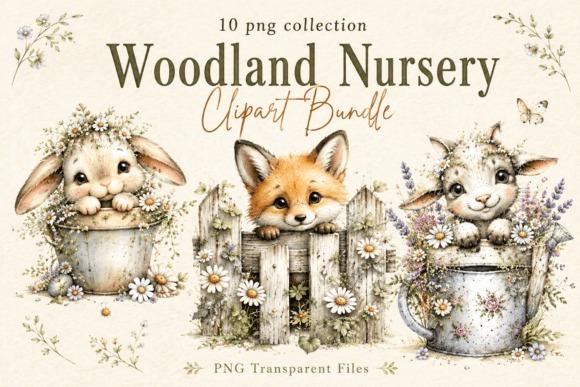 Watercolor kids clipart featuring woodland nursery animals like bunny, fox, and goat with floral details