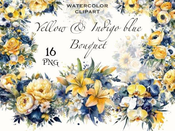 Cute flower clipart of yellow and indigo blue watercolor bouquets with roses, lilies, orchids, peonies, and ranunculus in