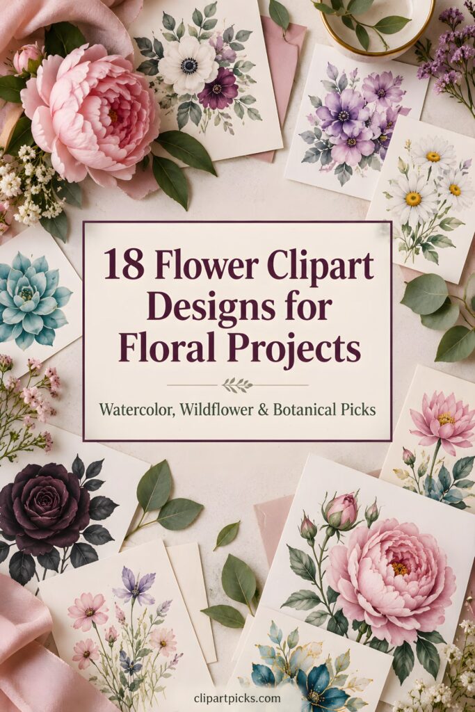 Flower clipart designs including watercolor peonies, wildflowers, and botanical elements arranged on cards