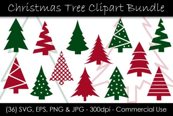 Christmas clipart showing 36 red and green stylized Christmas tree designs in SVG, EPS, PNG, and JPG formats