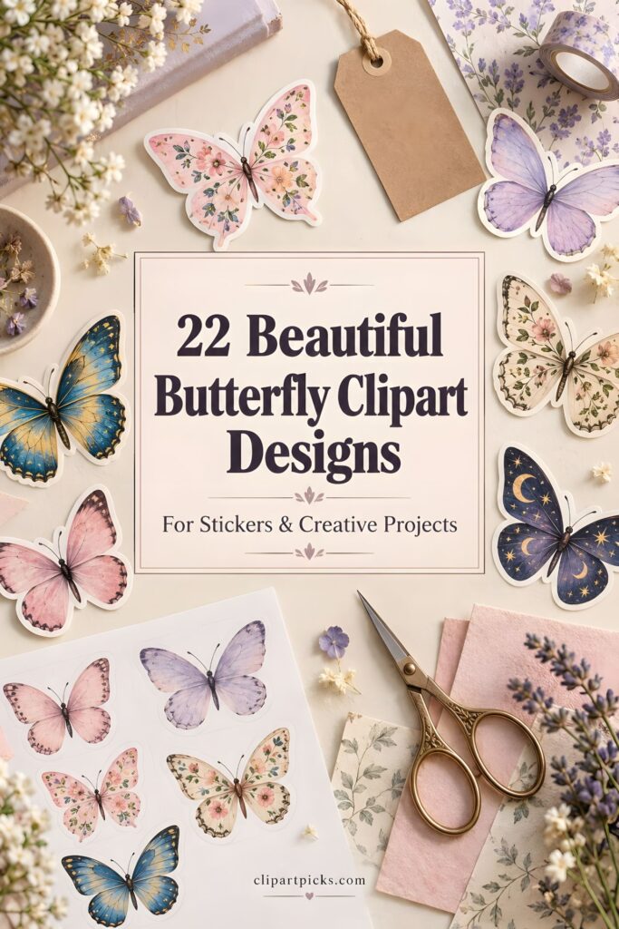 Butterfly clipart for sticker featuring various colorful butterfly designs arranged around craft supplies