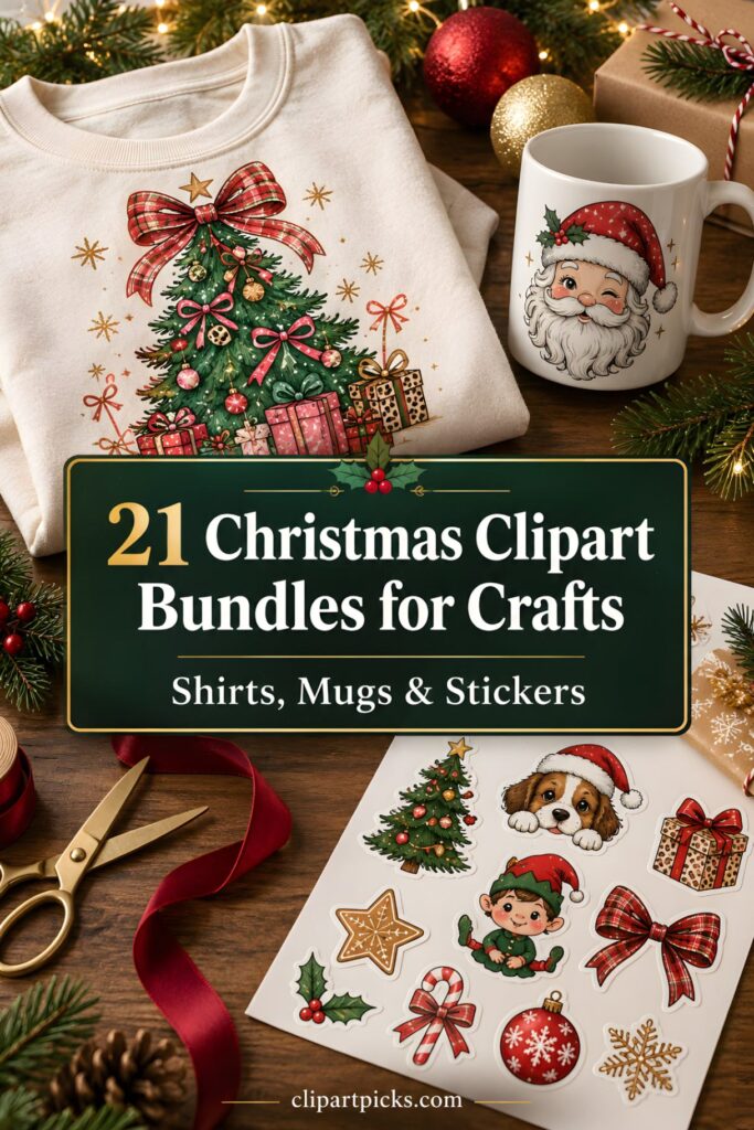 Christmas clipart designs including a decorated Christmas tree on a sweatshirt, Santa face on a mug, and festive stickers on