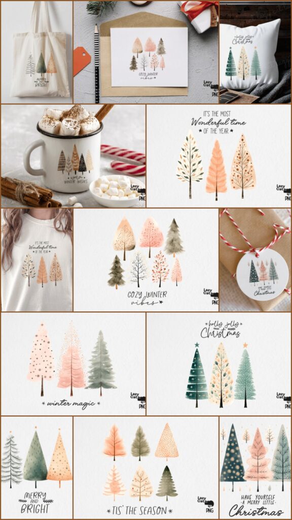 Christmas Tree PNG Designs for Sublimation featuring hand-drawn trees on mugs, pillows, cards, and ornaments with soft