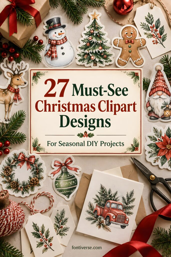 Christmas clipart featuring snowman, Christmas tree, gingerbread man, wreath, reindeer, and holiday decorations for DIY