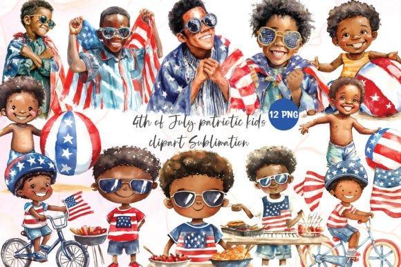 Creative kids clipart bundles featuring children in patriotic outfits with American flags and summer celebration elements