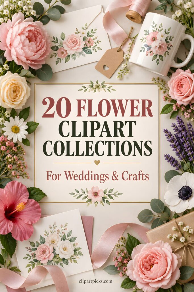 Flower clipart designs on wedding and craft items including cards, mug, and gift tags with roses and greenery