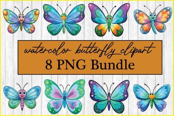 Colorful watercolor butterfly clipart bundle with eight transparent PNGs in various glittery and floral designs