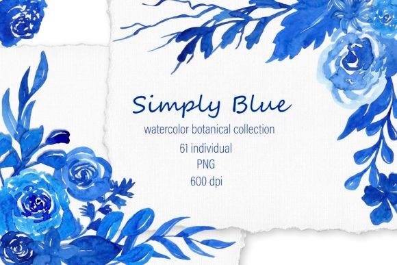 Blue floral watercolor flower clipart with leaves and roses in a cohesive cool-color palette