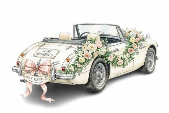 Wedding clipart of a vintage white car decorated with floral garlands and a Just Married sign with a pink bow