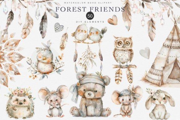 Woodland boho kids clipart featuring bears, owls, birds, bunnies, mice, trees, and teepee in soft watercolor style