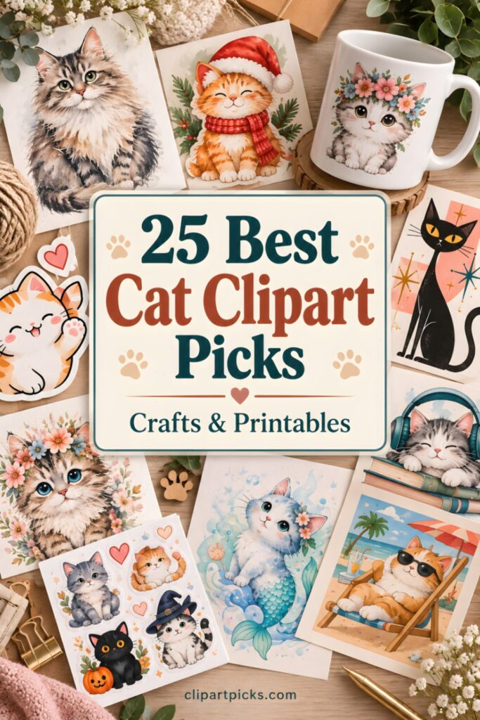 Cat Clipart featuring various illustrated cats in different styles for crafts and printables