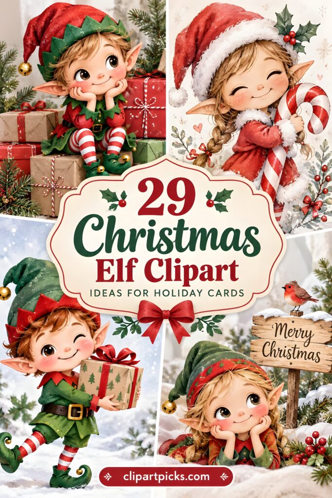 Christmas elf clipart designs featuring four whimsical elves in festive outfits with holiday gifts and decorations