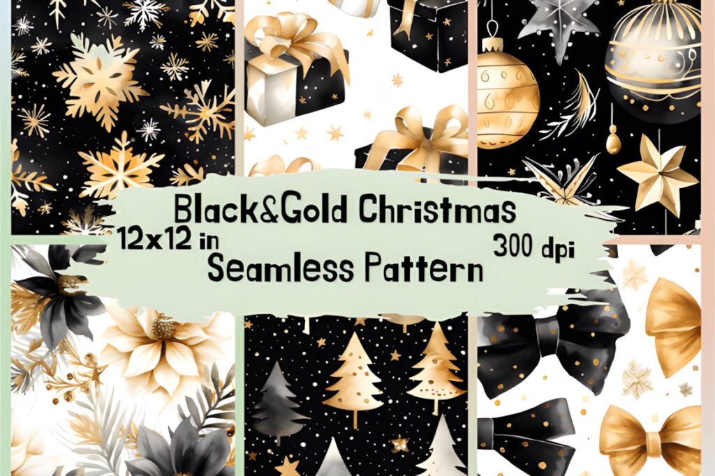 Christmas digital scrapbook paper with seamless black and gold holiday patterns including snowflakes, gifts, ornaments