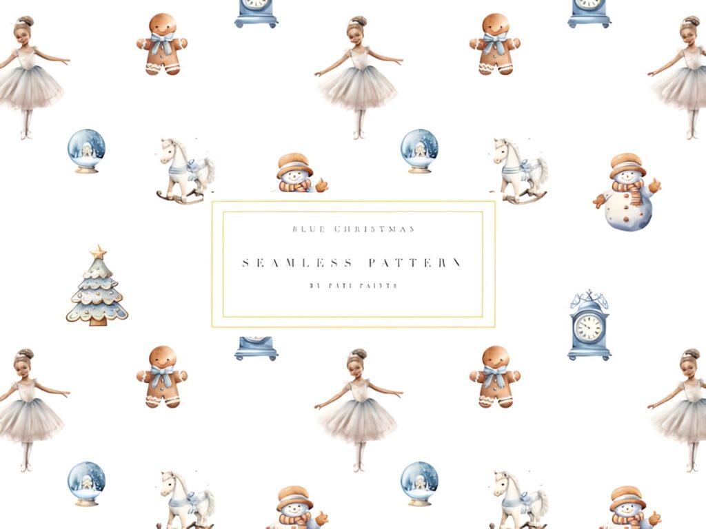 Christmas digital scrapbook paper with blue and neutral watercolor Christmas icons including ballerinas, gingerbread men