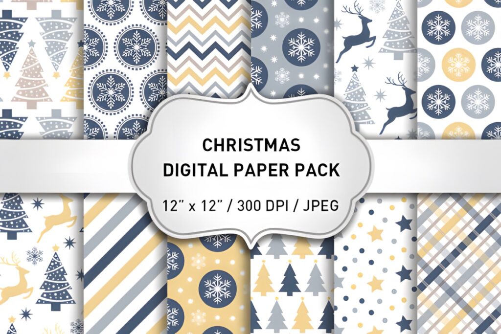 Christmas digital scrapbook paper pack with 12 high-resolution sheets featuring snowflakes, deer, and Christmas trees