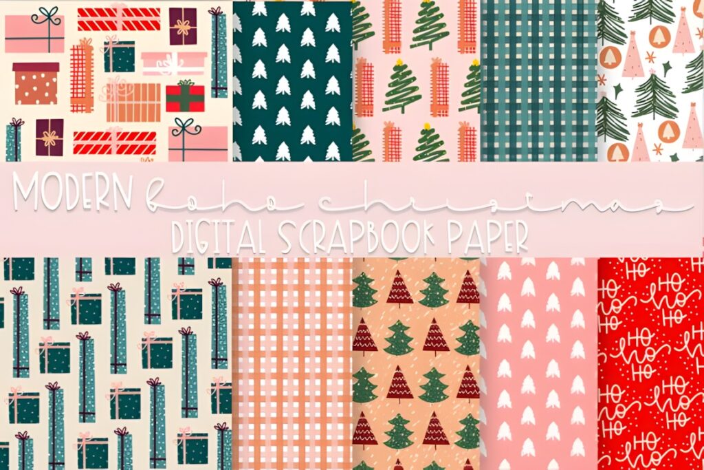 Christmas digital scrapbook paper with rustic boho designs including trees, gifts, and patterns in soft pink, green, and red