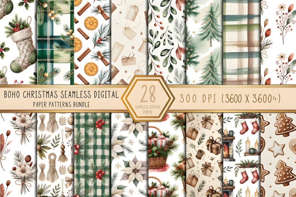 Christmas digital scrapbook paper featuring 28 seamless boho holiday patterns in green, brown, and cream tones