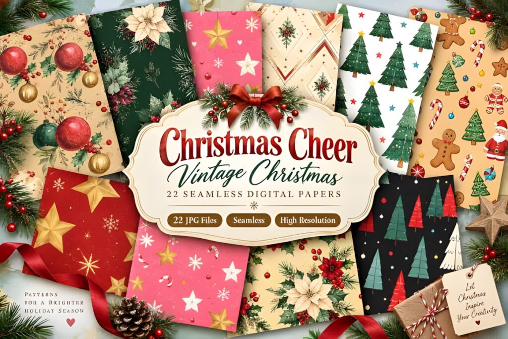 Christmas digital scrapbook paper featuring vintage Christmas designs with ornaments, poinsettias, stars, trees, and