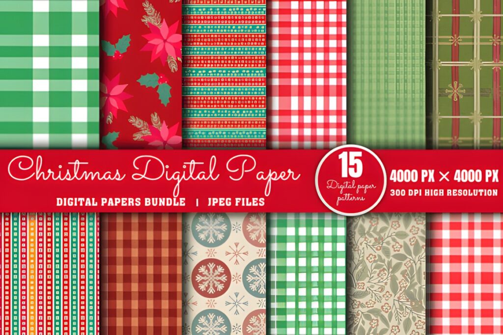Christmas digital scrapbook paper bundle featuring 15 patterns with traditional holiday colors and designs