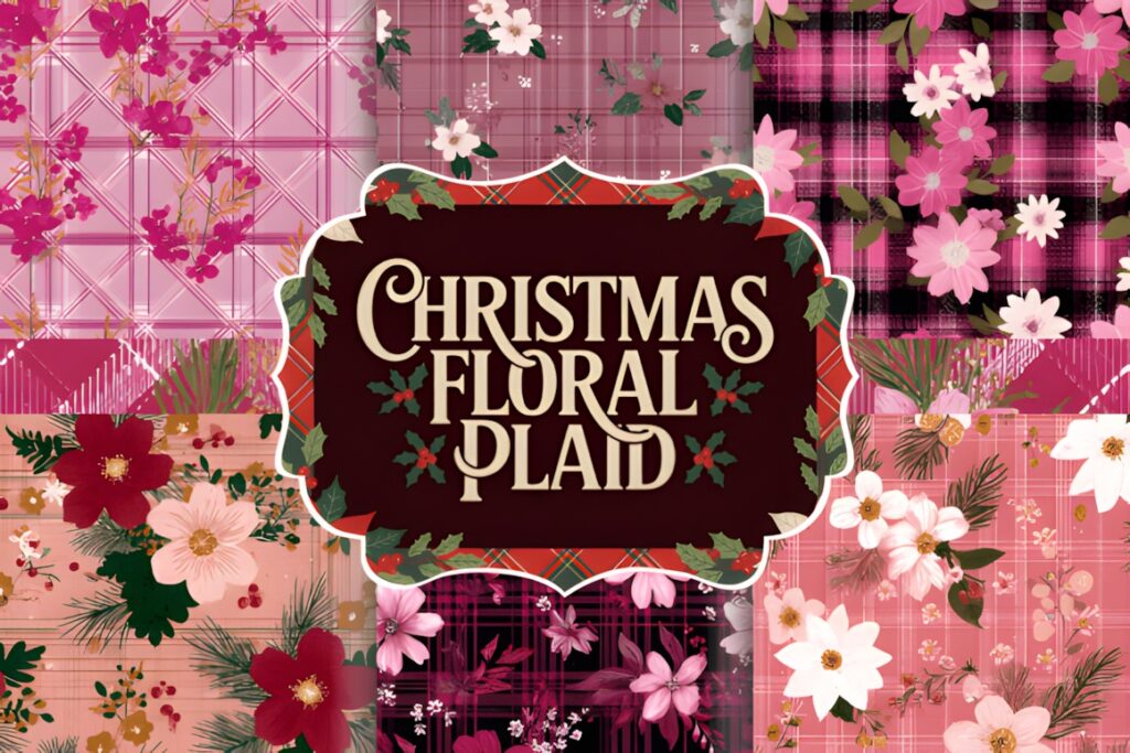 Christmas digital scrapbook paper with floral plaid patterns in red, pink, and green holiday colors