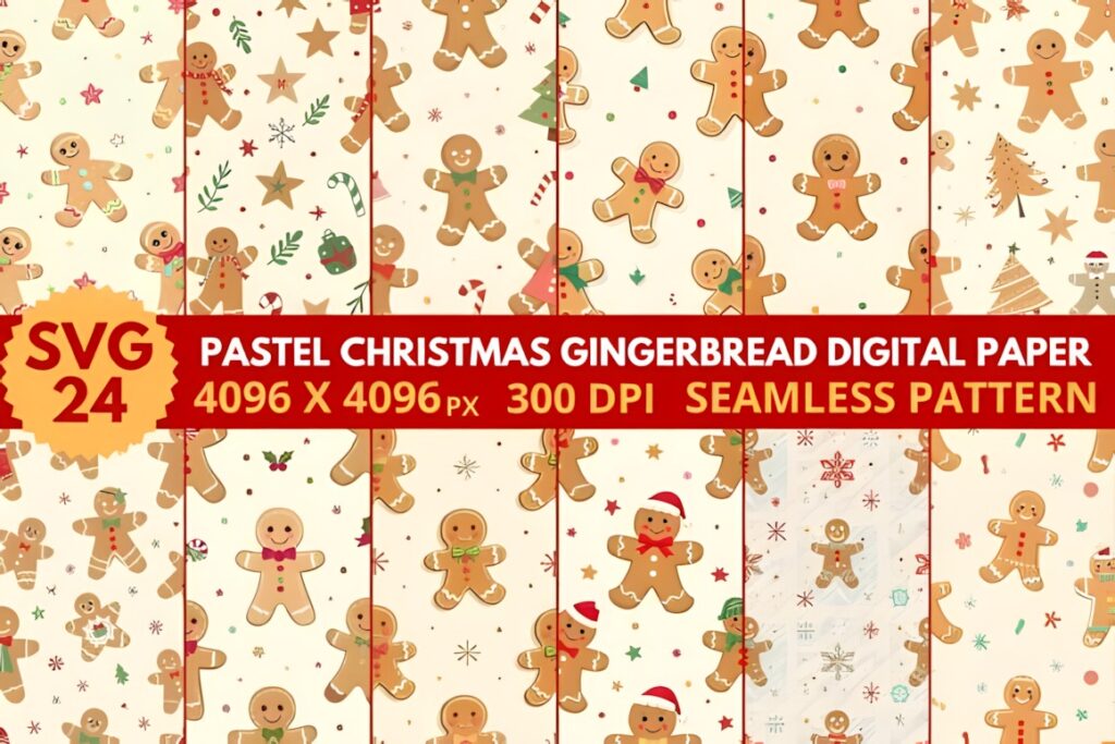 Christmas digital scrapbook paper featuring 12 pastel gingerbread seamless patterns with cookies and festive elements