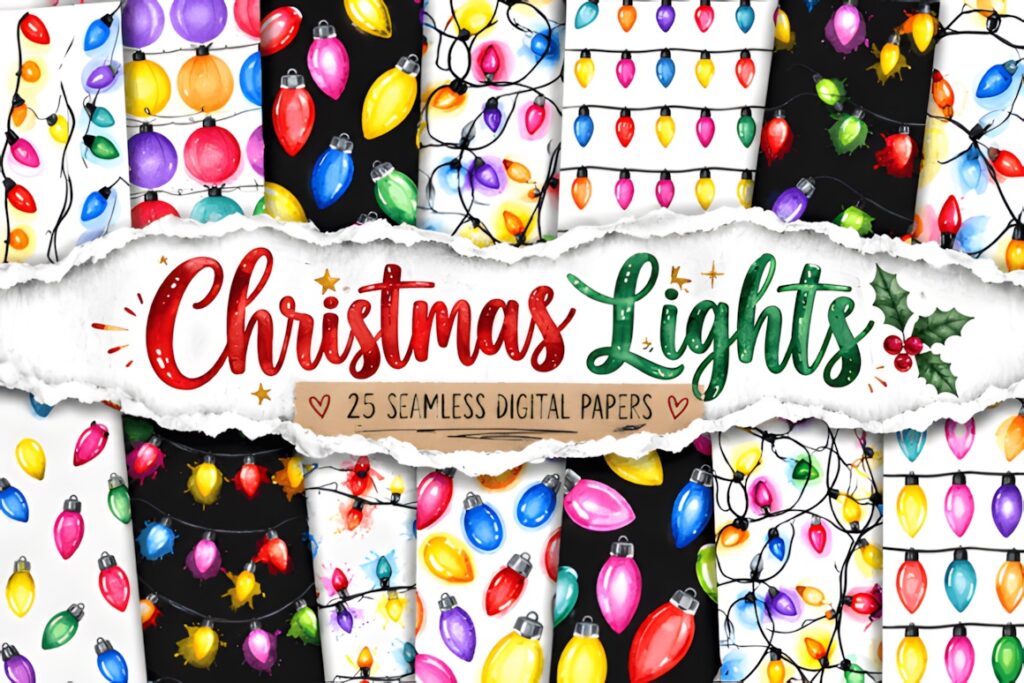Christmas digital scrapbook paper featuring colorful Christmas lights patterns on black and white backgrounds
