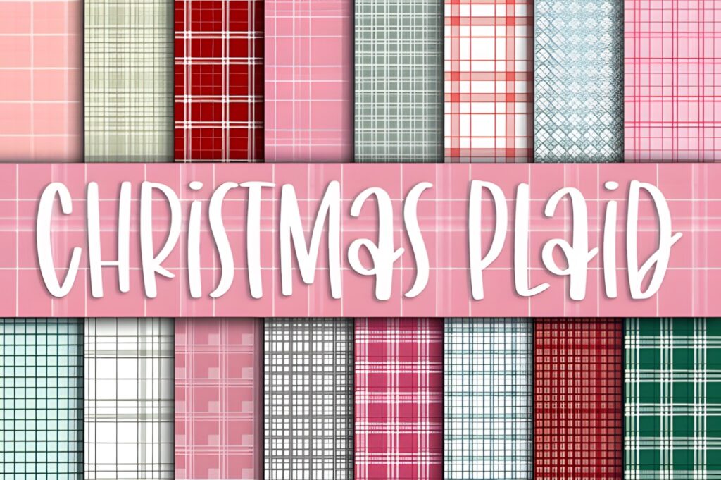 Christmas digital scrapbook paper with various brightly colored plaid patterns in 12-by-12-inch format