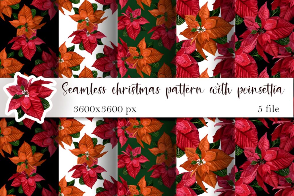 Christmas digital scrapbook paper featuring seamless poinsettia floral patterns in red and orange on various backgrounds