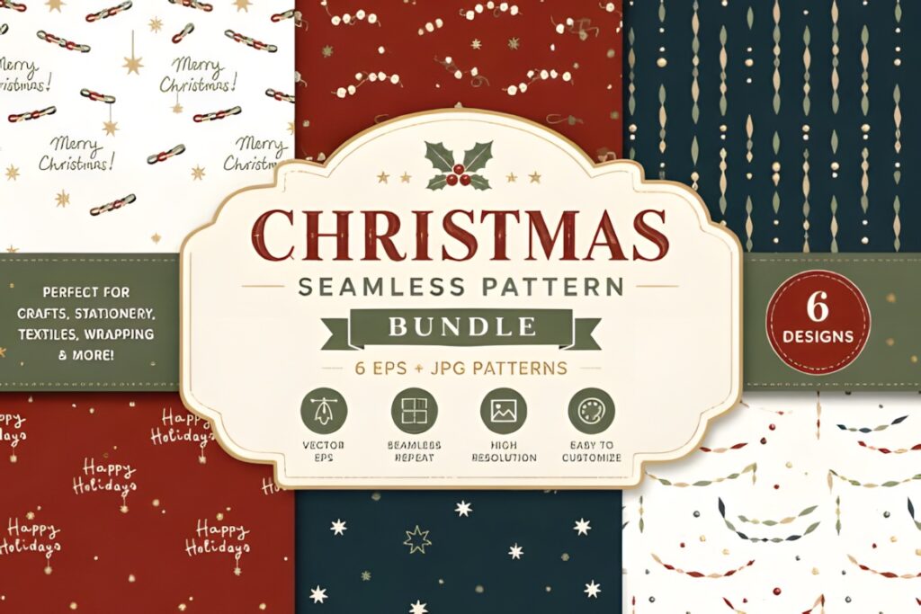 Christmas digital scrapbook paper seamless pattern bundle with ornaments, garlands, stars, and holiday motifs